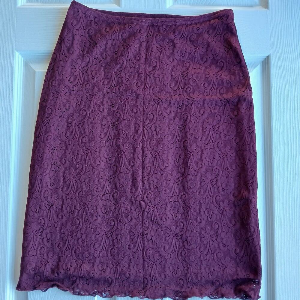 Burgundy Lace Midi Skirt M Fairweather Studio lined stretch pencil vtg y2k
